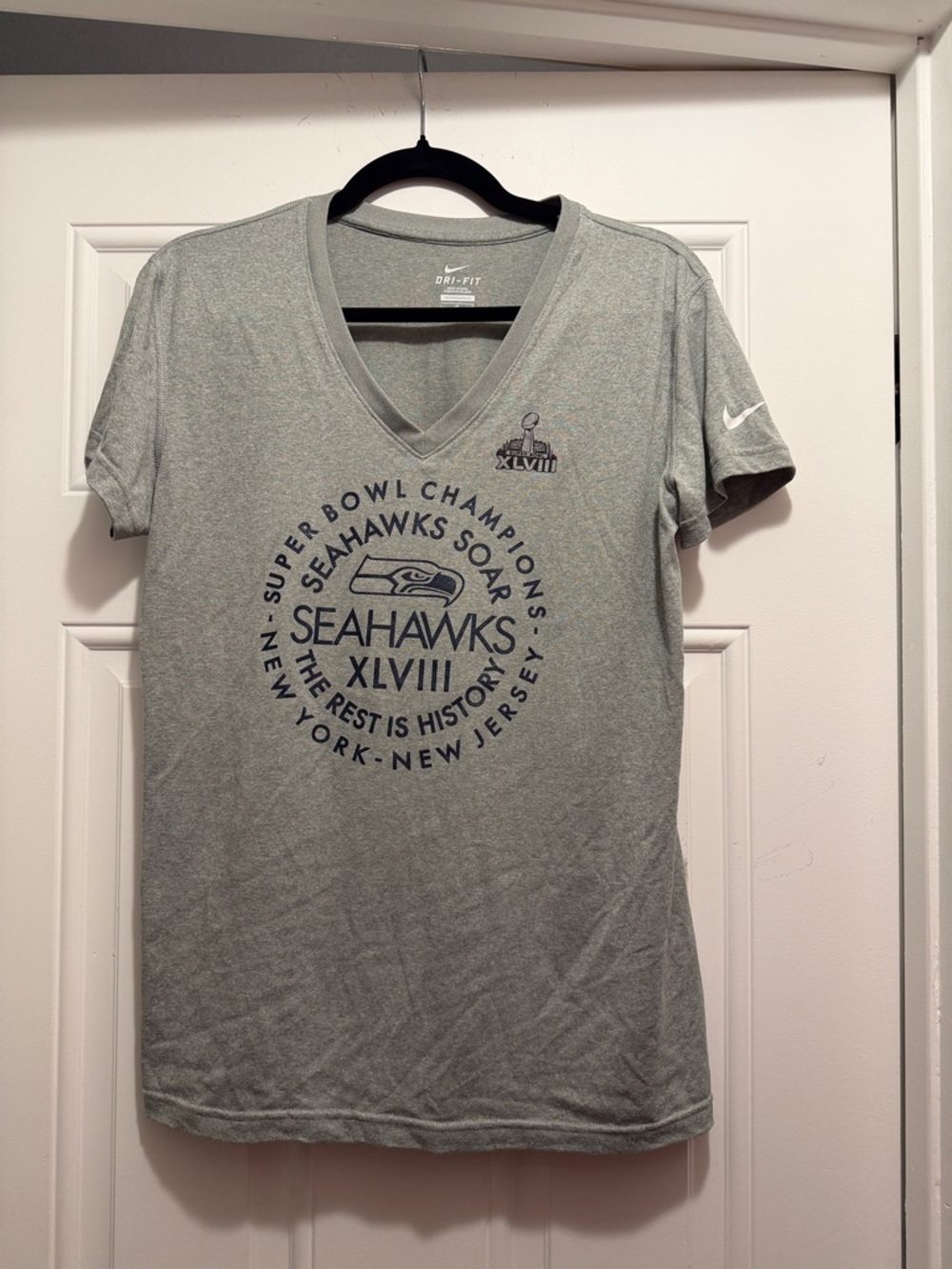 Nike Gray Seahawks XLVIII Women’s V-Neck Graphic Tee